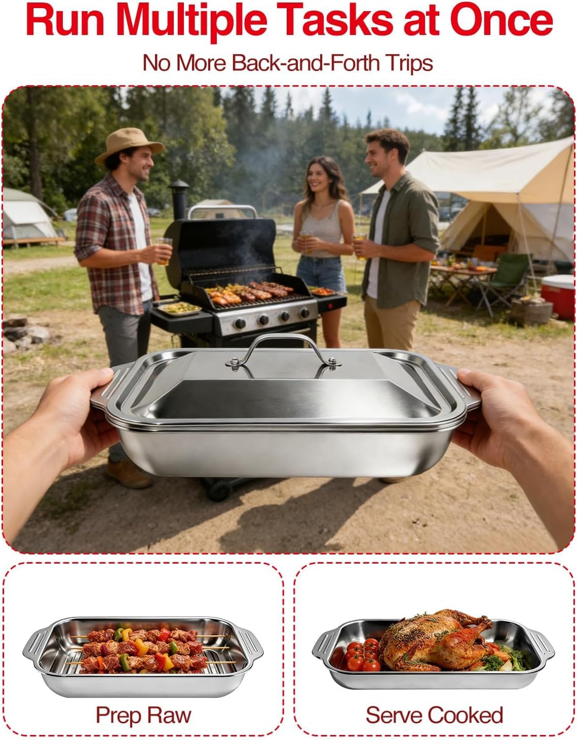 Grilling Prep and Serve Trays with Upgraded Lid, Stainless Steel Extra Large Grill Carry System, Deep Marinating Container with Cutting Board for BBQ Outdoor Grilling