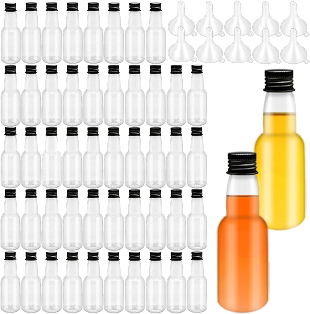 1.7oz Mini Liquor Bottles,50ml Plastic Spirit Alcohol Bottle with Black Cap,Miniature Sauce Bottles with 10 Funnels for Weddings,Party Supplies