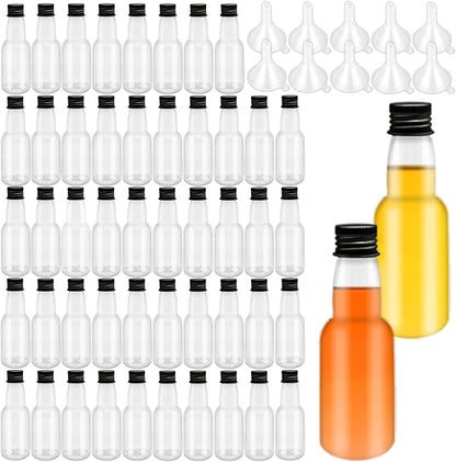1.7oz Mini Liquor Bottles,50ml Plastic Spirit Alcohol Bottle with Black Cap,Miniature Sauce Bottles with 10 Funnels for Weddings,Party Supplies