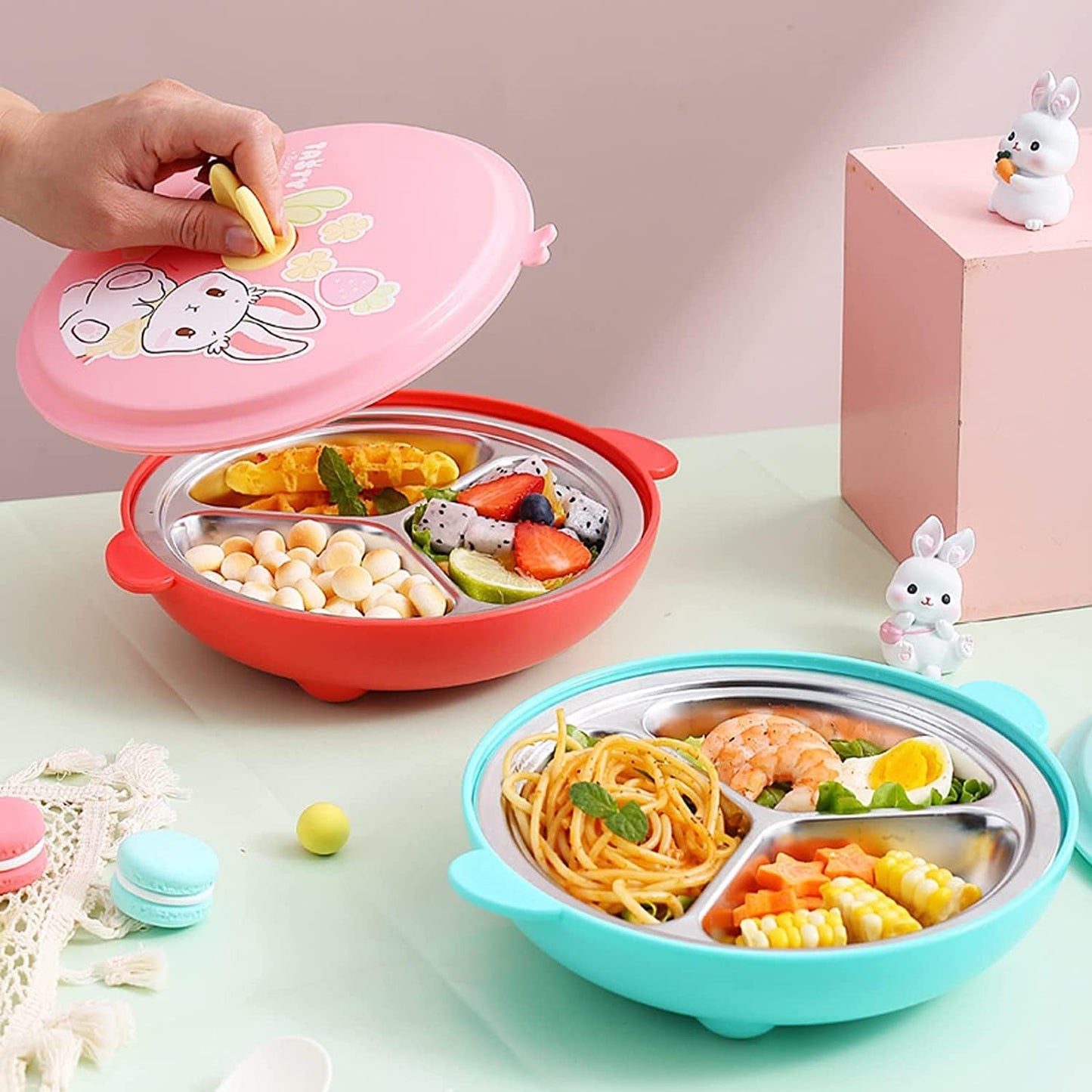3 Compartment Portion Plate with Lid Heat Insulate Dinner Plate for Adults - Portion Control Divided Plates Tray 304 Stainless Steel Camping Plate