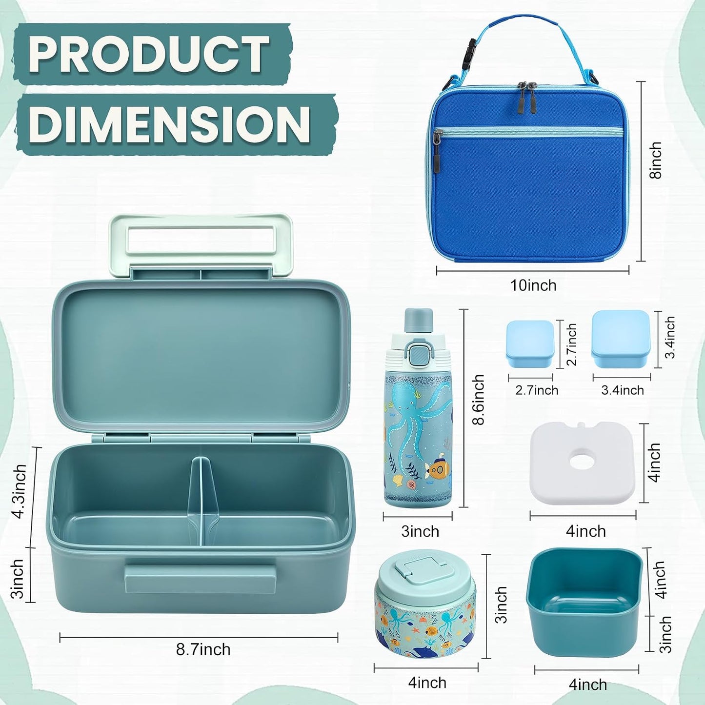PIQUEBAR Bento Lunch Box for Kids with Thermo Ice Pack Lunch Food Container Insulated Bag, 18oz Plastic Sport Water Bottle for Kid Girls Boys