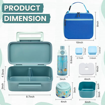PIQUEBAR Bento Lunch Box for Kids with Thermo Ice Pack Lunch Food Container Insulated Bag, 18oz Plastic Sport Water Bottle for Kid Girls Boys