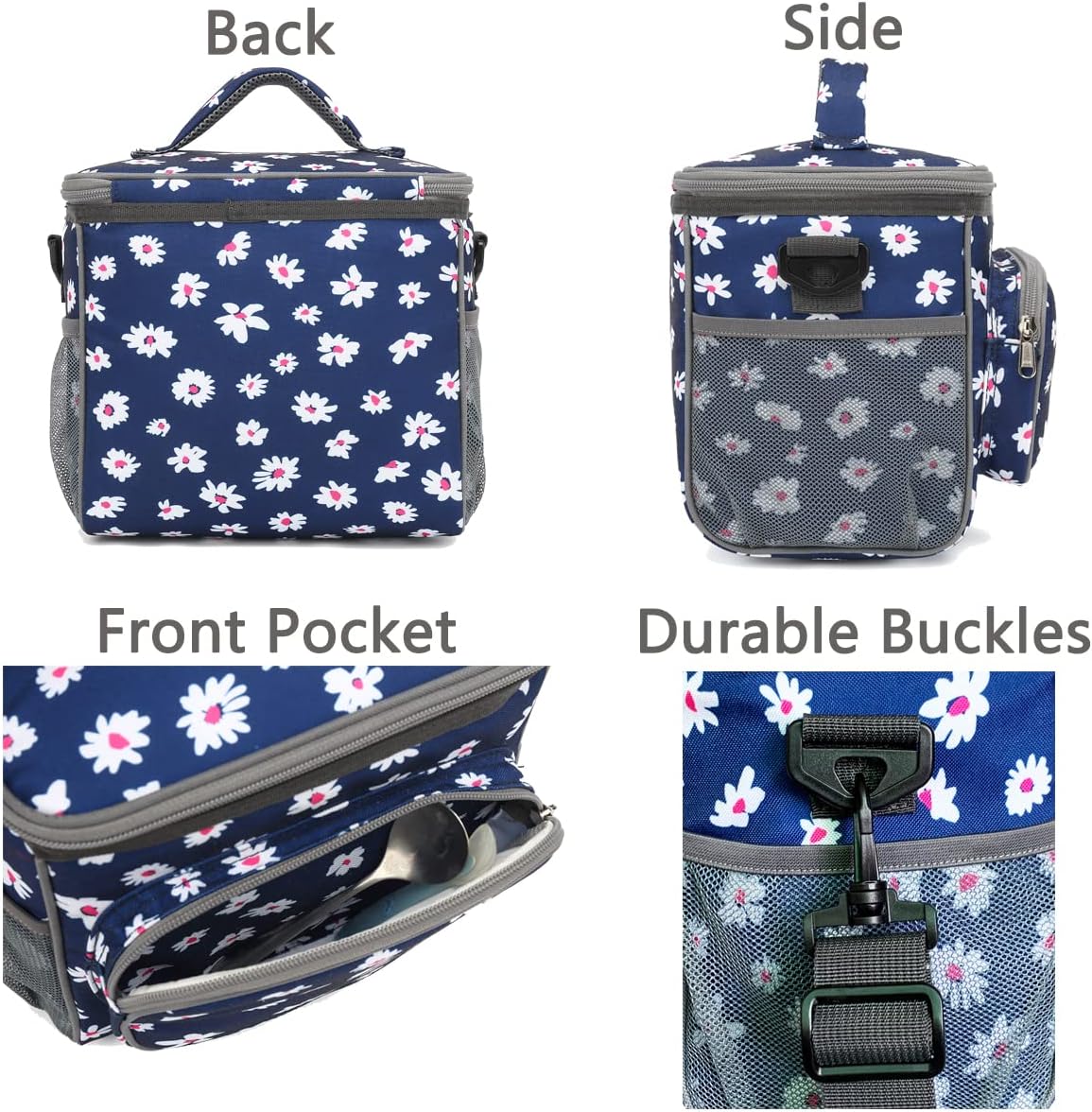 FlowFly Insulated Reusable Lunch Bag Adult Large Lunch Box for Women and Men with Adjustable Shoulder Strap,Front Zipper Pocket and Dual Large Mesh Side Pockets,Cherry - Colors B