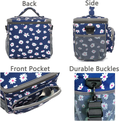 FlowFly Insulated Reusable Lunch Bag Adult Large Lunch Box for Women and Men with Adjustable Shoulder Strap,Front Zipper Pocket and Dual Large Mesh Side Pockets,Cherry - Colors B
