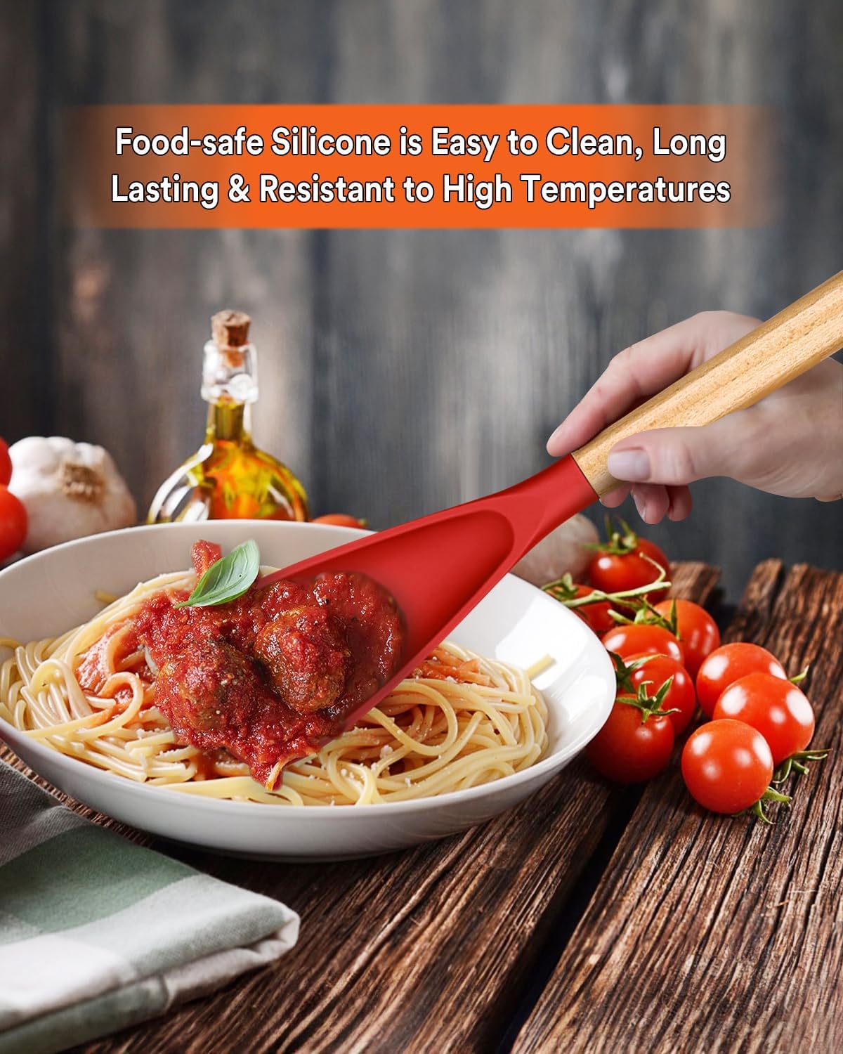 Cooking Spoon for Nonstick Cookwares, Great for Cooking and Serving Sturdy BPA-Free Matte Silicone, Wood Handle Spoon for Mixing, Scoop, and Scrape (Black & Grey, 11.4 inch)