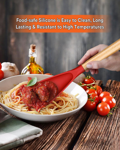 Cooking Spoon for Nonstick Cookwares, Great for Cooking and Serving Sturdy BPA-Free Matte Silicone, Wood Handle Spoon for Mixing, Scoop, and Scrape (Black & Grey, 11.4 inch)