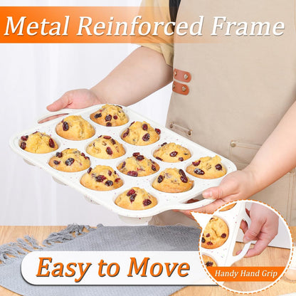 CAKETIME Mini Muffin Pan, Metal Reinforced Frame Mini Cupcake Pans 24 Cups Nonstick Muffin Silicone Molds with Handle for Baking Muffins, Cupcakes, Egg Bites 2 Pack