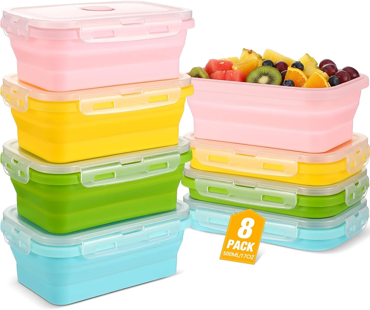 Mifoci Set of 8 Silicone Collapsible Bowls for Camping with Vent Lid Silicone Storage Containers for Food Meal Preparation Square Bowl Microwave Freezer Dishwasher Safe(Blue,17 Oz/ 500 ml)