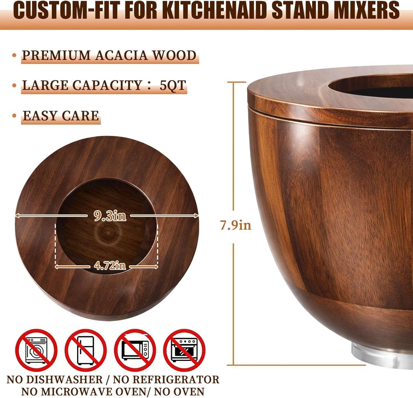 LOVIVO Premium Acacia Wood 5 Quart Mixing Bowl with Splash-Proof Lid, Compatible with KitchenAid 4.5-5 Qt Tilt-Head Stand Mixers, Wooden Bowl for Stand Mixer with Stainless Steel Locking Base