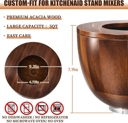 LOVIVO Premium Acacia Wood 5 Quart Mixing Bowl with Splash-Proof Lid, Compatible with KitchenAid 4.5-5 Qt Tilt-Head Stand Mixers, Wooden Bowl for Stand Mixer with Stainless Steel Locking Base