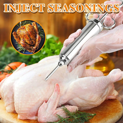304-Stainless Steel Meat Injector Syringe Kit with 3 Marinade Needles for BBQ Grill Smoker, Turkey, Beef, Brisket, Fish, 2-oz Large Capacity, Silicone Brush and Cleaning Brush