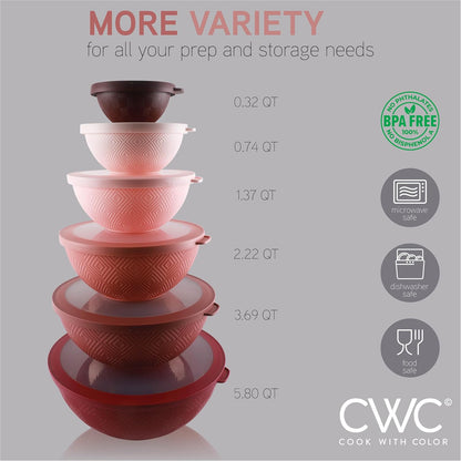 COOK WITH COLOR Mixing Bowls with Lids - 12 Piece Plastic Nesting Bowls Set includes 6 Prep Bowls and 6 Lids, Microwave Safe Mixing Bowl Set, Pink Embossed - Colors B