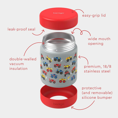 Bentgo Kids Stainless Steel Food Jar - 11oz Leak-Proof Double Insulated Hot or Cold Food Container with Removable Silicone Bumper, Dishwasher Safe, Easy Open Lid, Ages 3+ (Trucks)