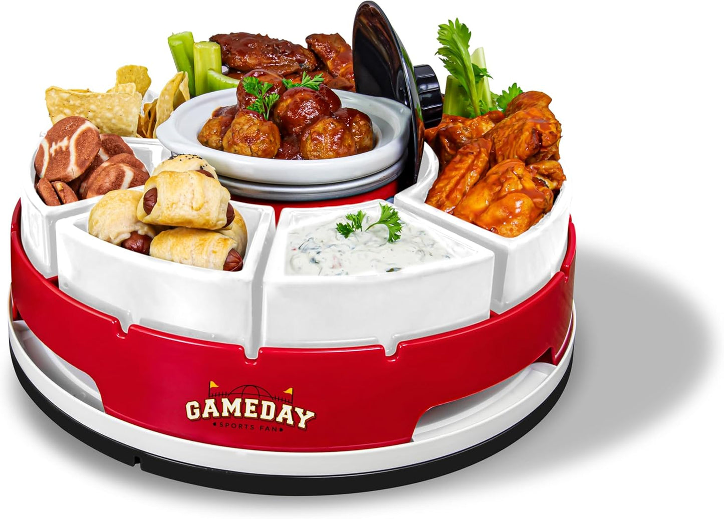 Nostalgia Taco Tuesday Heated Lazy Susan Taco Bar Serving Set for a Party with 4 Tortilla Holders, Fondue Pot for Burritos, Nachos, and Fajitas - 20 Oz. - Red
