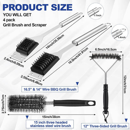4 Pcs 304 Stainless Steel BBQ Grill Brush, 16.5” & 14” Wire BBQ Brush & Scraper, 15" Three-Head and 12" Three-Sided Brushes for Outdoor Grill Accessories, Ideal Gift for Men/dad