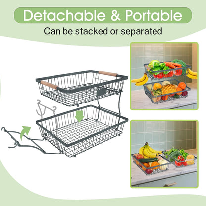 Fruit Basket Bowl 2 Tier Detachable with 2 Banana Hangers, Fruit Stand Holder for Kitchen Countertop, Metal Wire Vegetable Storage Organizer, for Bread Snack Veggies Produce, Black