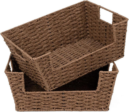 StorageWorks Water Hyacinth Baskets for Organizing with Built-in Handles, Stackable Wicker Pantry Baskets for Shelf, Pantry Organizers and Storage for Shelves,2-Pack