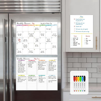 Non-Magnetic Dry Erase List for Fridge - Reusable 8"x11.5" List and Weekly Planning Board Stick to Most Smooth Surfaces - 3 Dry Erase Markers Included