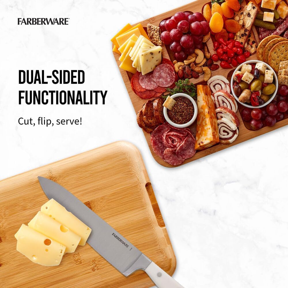 Farberware Build-A-Board Bamboo Cutting Board with Built-In Compartments & Clear Locking Lid, Black Handles, Charcuterie, Snack Tray, Food Prep and Serving Platter