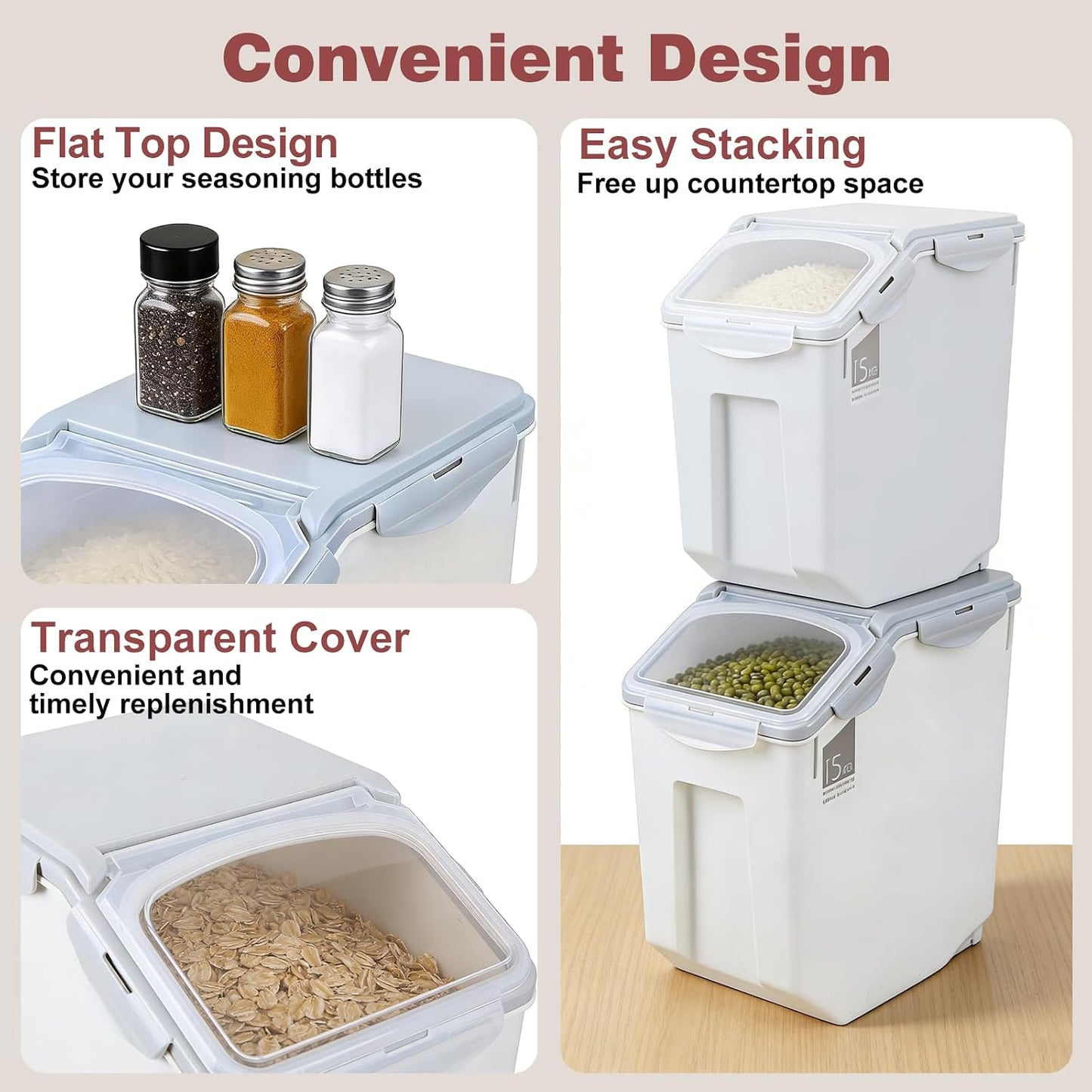 2 Pack Food Storage Container Bin 25Lb, 2 × 15L Airtight Rice Storage Containers with 2 Measuring Cups,Food Containers with Wheels Seal Locking Lid,For Flour | Rice | Sugar | Grain | Dog Cat Pet Food