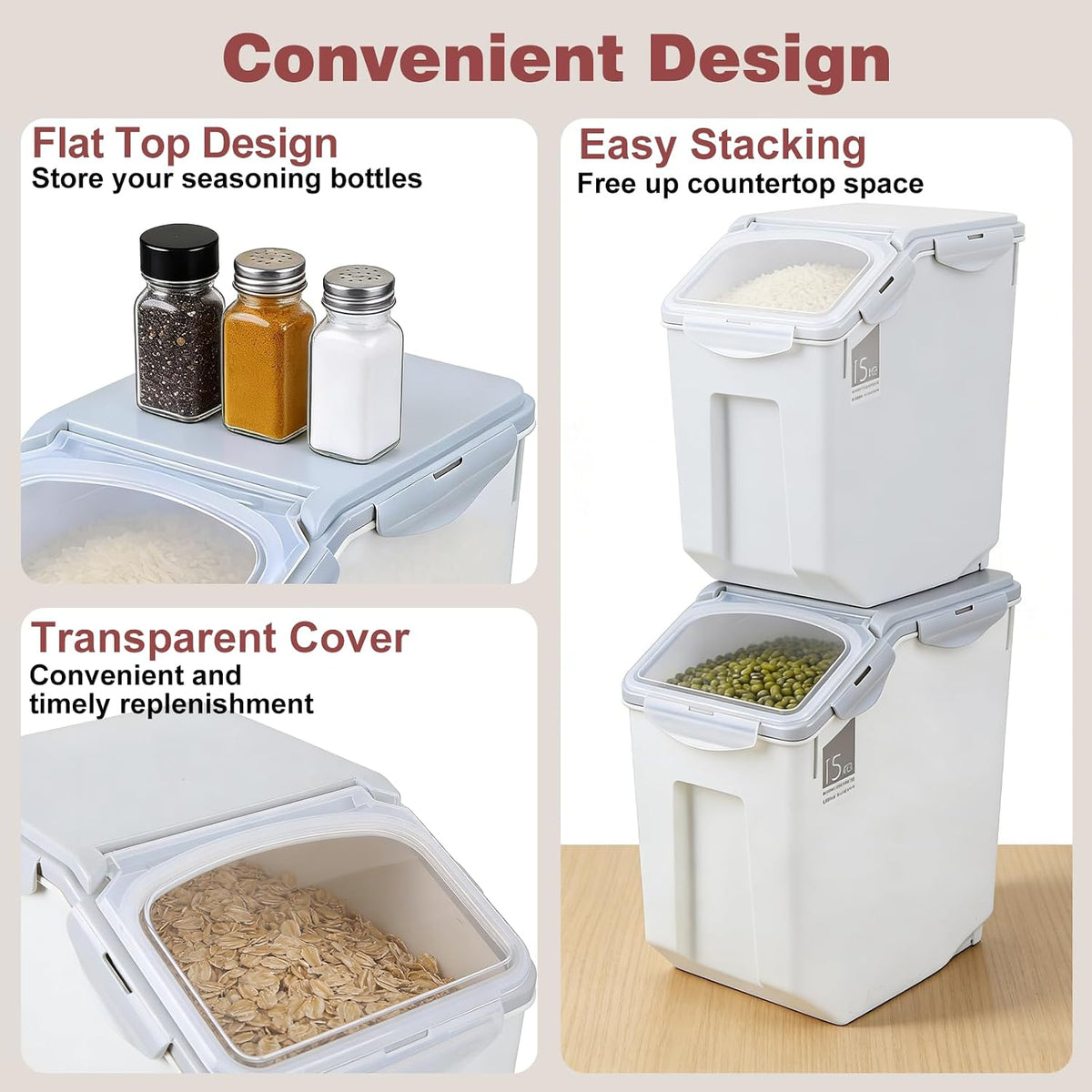 2 Pack Food Storage Container Bin 25Lb, 2 × 15L Airtight Rice Storage Containers with 2 Measuring Cups,Food Containers with Wheels Seal Locking Lid,For Flour | Rice | Sugar | Grain | Dog Cat Pet Food