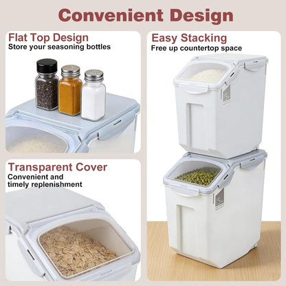 2 Pack Food Storage Container Bin 25Lb, 2 × 15L Airtight Rice Storage Containers with 2 Measuring Cups,Food Containers with Wheels Seal Locking Lid,For Flour | Rice | Sugar | Grain | Dog Cat Pet Food