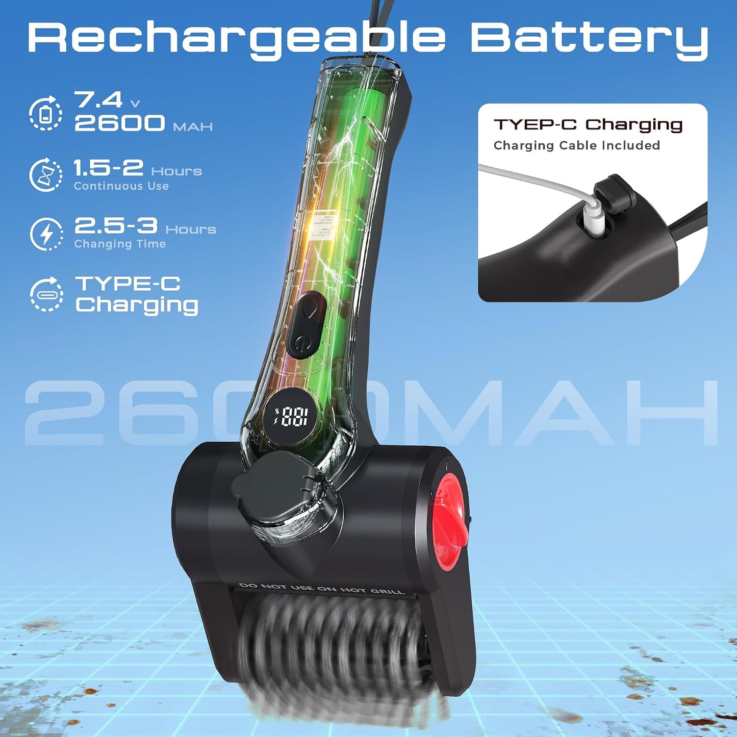 Electric Grill Brush, 100W High Power Cordless BBQ Cleaner with 300ml Water Spray Tank, IPX8 Waterproof Automatic Scrubber for Gas Charcoal Grills, 2-Speed Rechargeable Power Brush with Scraper