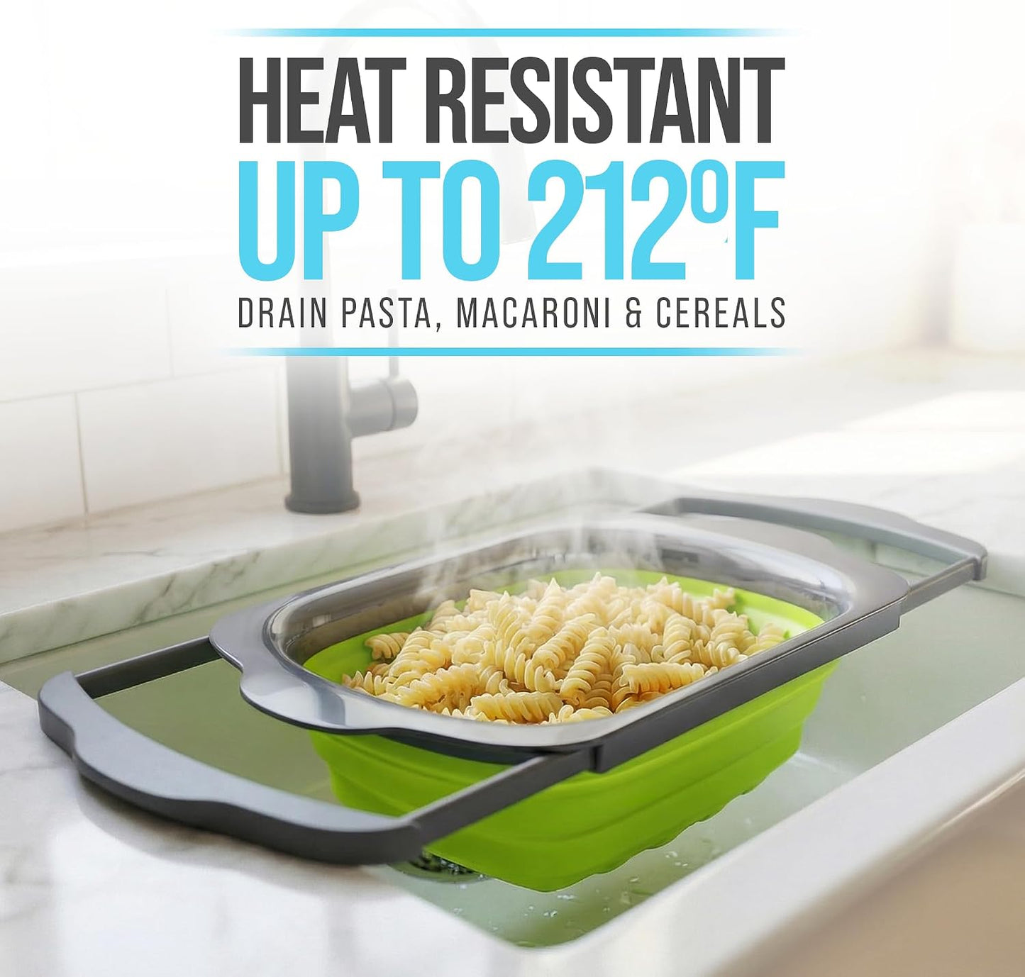 Comfify Coral XL Collapsible Silicone Over Sink Colander – 6 Quart | Coral; extends to 25" to span most sinks hands available; collapses flat; 6 Qt; heat resistant to 176°F; pasta, veg, fruit
