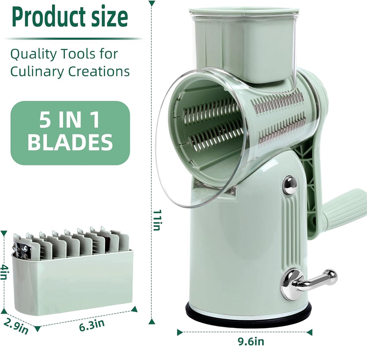 Rotary Cheese Grater with Handle, 5 Replaceable Blades(Green)