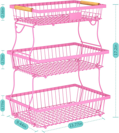 2 Tier Fruit Basket for Kitchen Counter with 2 Banana Hangers, Countertop Metal Bread Basket with Wooden Handle, Large Storage Stand for Vegetables, Snacks, Eggs, Produce Storage – Black
