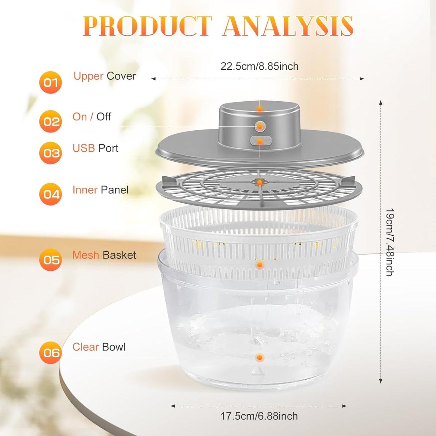 Electric Salad Spinner, 6L Lettuce spinner,Large Capacity Salad Vegetable Dryer,Fruit Salad Washer spinner dryer for Home Kitchen Washing & Drying Leafy Vegetables