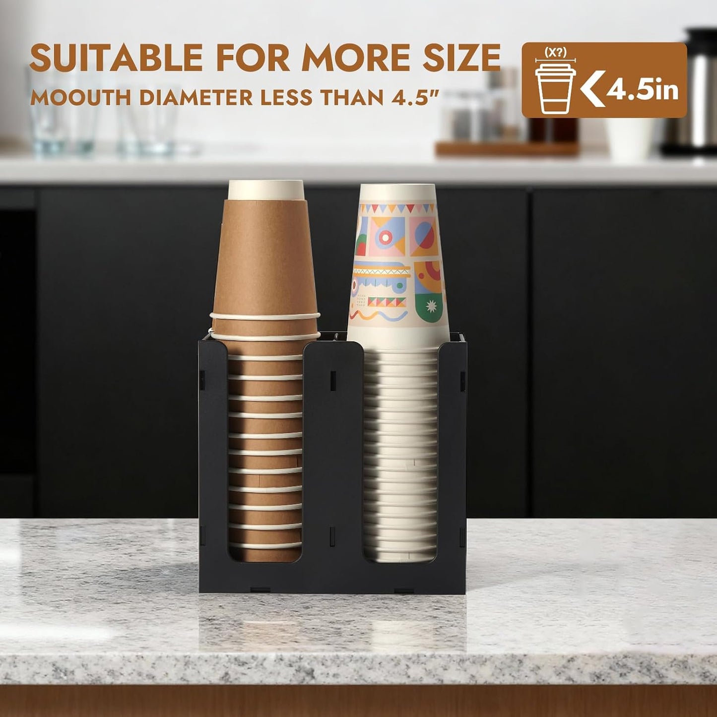 CURTA 4 Compartment Splicing Disposable Paper Cup Dispenser, Coffee and Lid Storage Organizer Holder for Countertop Bar,Restaurant,Breakroom,Party, Black