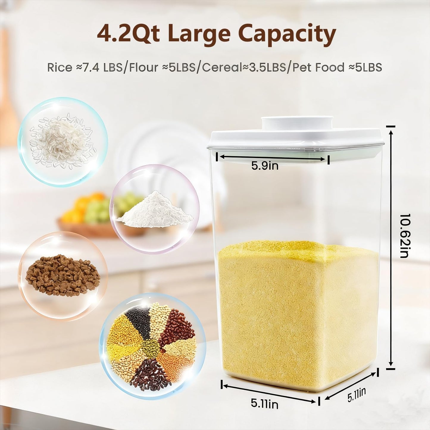 Melovom Pop Airtight Food Storage Container with Lid, 4L/4.2qt Large Cereal Flour Sugar Storage Container with Scoop, One Button Opening, BPA-Free, Kitchen Pantry Organization and Storage