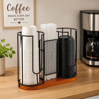 2-Compartment Coffee Cup Dispenser Rack, Disposable Cups Straws Organizer with Wooden Base, Paper Plastic Cup and Lids Holder for Coffee Station Bar Restaurant Office Breakroom Shop Kitchen