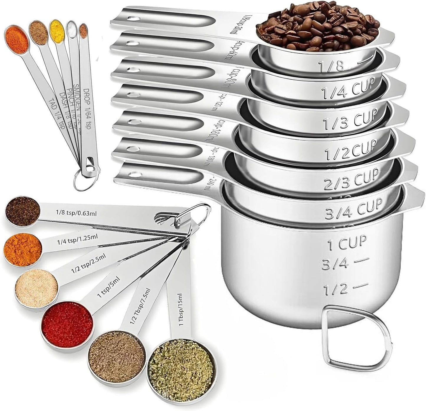 30PCS Measuring Cups and Spoons Set, 7 Nesting Measuring Cups, 18 Measuring Spoons and 5 Mini Spoons, Stainless Steel Kitchen Measuring Set for Dry and Liquid Ingredients, Perfect for Cooking & Baking