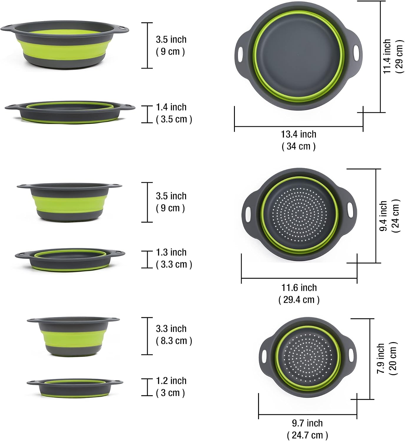 Colanders & Food Strainers with Bowl [Collapsible 3 piece Set Green] Kitchen Essentials for Draining Pasta, Washing Fruits and Vegetables, 7.9'' x 3.3'', 9.4'' x 3.5'', 11.4'' x 3.5'' (A101)