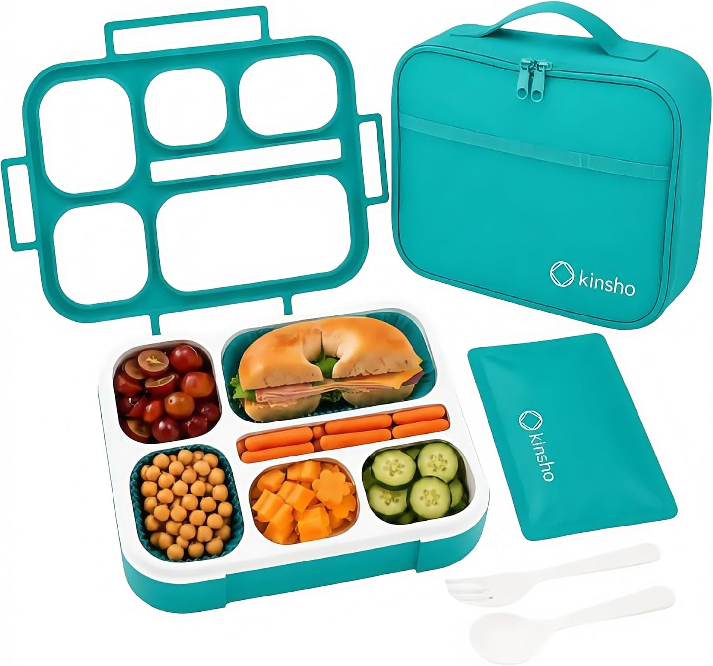 kinsho Lunch Box for Kids Boys Girls - Bento Box Set with Insulated Bag and Ice Pack, 6 Compartment Leak Proof Food Container, BPA-Free, Microwave Safe, Ideal for School & Work, Teal