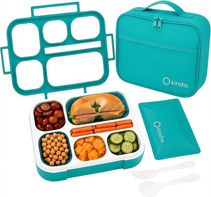 kinsho Lunch Box for Kids Boys Girls - Bento Box Set with Insulated Bag and Ice Pack, 6 Compartment Leak Proof Food Container, BPA-Free, Microwave Safe, Ideal for School & Work, Teal