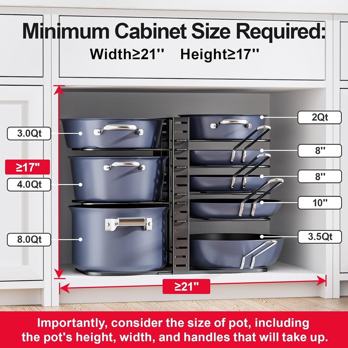 ORDORA Pots and Pans Organizer Under Cabinet 16.6", 8-Tier Adjustable Rack