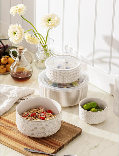 Mixing Bowls with Lids Set of 4, Ceramic Nesting Bowls, Embossed Mixing Bowl Set for Food Storage, Prep Bowl, Gift, Microwave and Dishwasher Safe, 10/18/33/50 OZ, Off-White