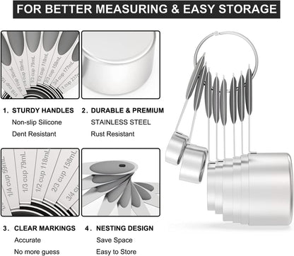 Wildone Stainless Measuring Cups and Spoons Set with Silicone Handle, 16pcs | 8 Measuring Cups and 8 Measuring Spoons, Nesting Design, Heavy Duty for Measuring Dry/Liquid Ingredients, Multicolor
