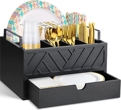 Paper Plate Dispenser with Drawer, Paper Plate Holder for Kitchen Counter, Wood Rustic Silverware Utensil Caddy, Cutlery Flatware Organizer for Cup Spoon Fork Plates Napkins, Black Kitchen Accessories