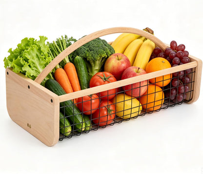 Garden Hod Harvest Basket, Wooden Garden Harvest Basket with Metal Mesh, Vegetable Gathering Basket for Fruit Picking, Rinse & Drain Gardening Basket for Kitchen, Picnic, Farmhouse Decor-Big