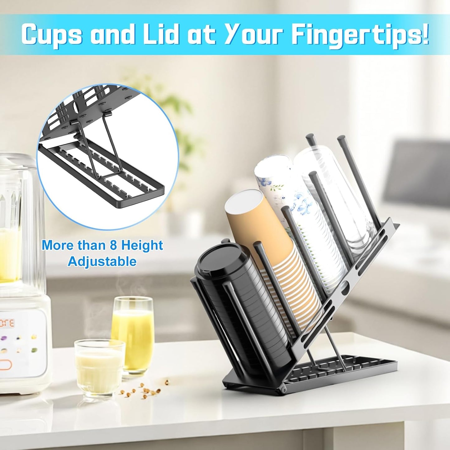 Coffee Cup and Lid Holder, 4 Compartment Metal Cup Dispenser, Black