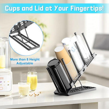 Coffee Cup and Lid Holder, 4 Compartment Metal Cup Dispenser, Black
