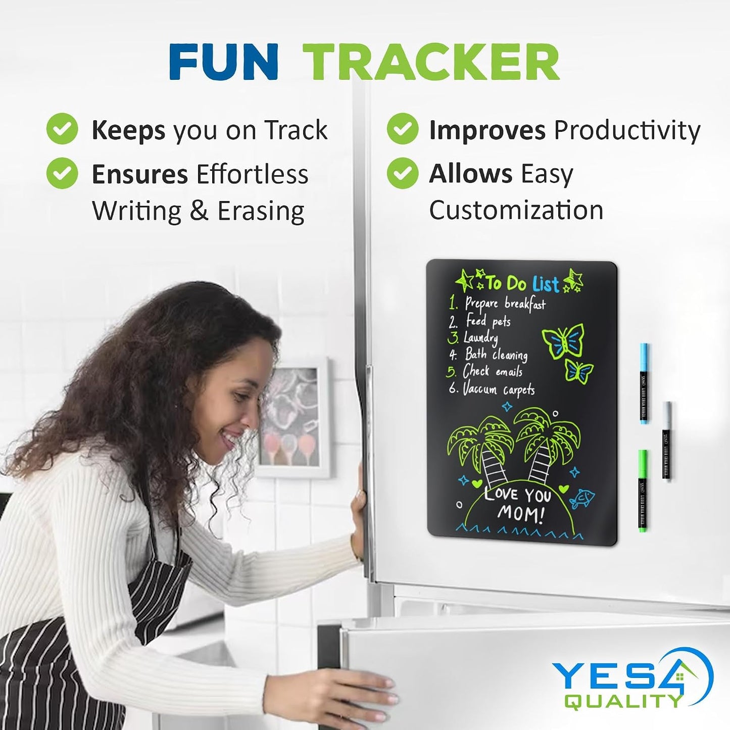 Magnetic Black Dry Erase Board for Fridge (12 x 8 inch), Stain-Resistant w/ 3 Magnetic, Fine-Tip Neon Chalk Markers & Eraser by Yes4Quality