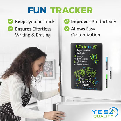 Magnetic Black Dry Erase Board for Fridge (12 x 8 inch), Stain-Resistant w/ 3 Magnetic, Fine-Tip Neon Chalk Markers & Eraser by Yes4Quality