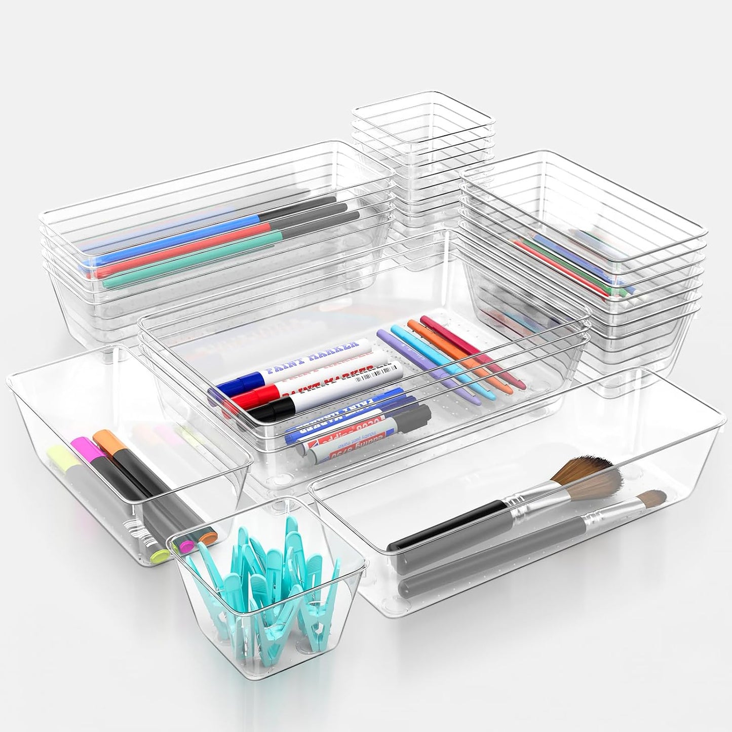 12 Pack Clear Drawer Organizer Set, 3 Sizes Bathroom Vanity Organizer Trays | Vanity and Makeup Organizer | Bathroom Organizer Trays | Storage Bins For Makeup | Cosmetics | Jewelry | Gadgets
