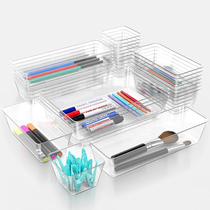 12 Pack Clear Drawer Organizer Set, 3 Sizes Bathroom Vanity Organizer Trays | Vanity and Makeup Organizer | Bathroom Organizer Trays | Storage Bins For Makeup | Cosmetics | Jewelry | Gadgets