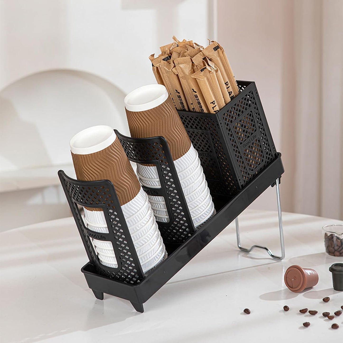 Tirifer Cup and Lid Holder, Disposable Paper Cup Dispenser with Stand, 6 Slots Coffee Cup and Lid Storage Organizer for Coffee Station Bar Office Home Countertop Breakroom Restaurant